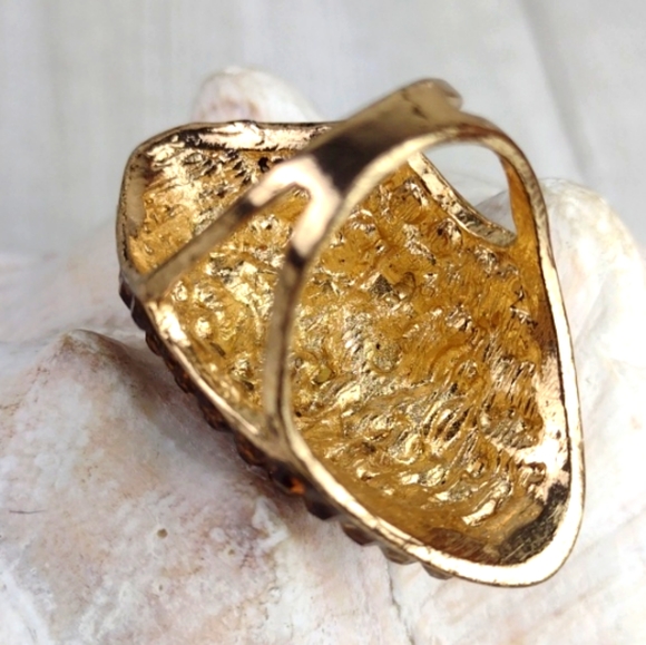 Amber & Gold Tone Sparkly Rhinestone Paved Cocktail Gorgeous Cocktail Ring - Picture 7 of 10